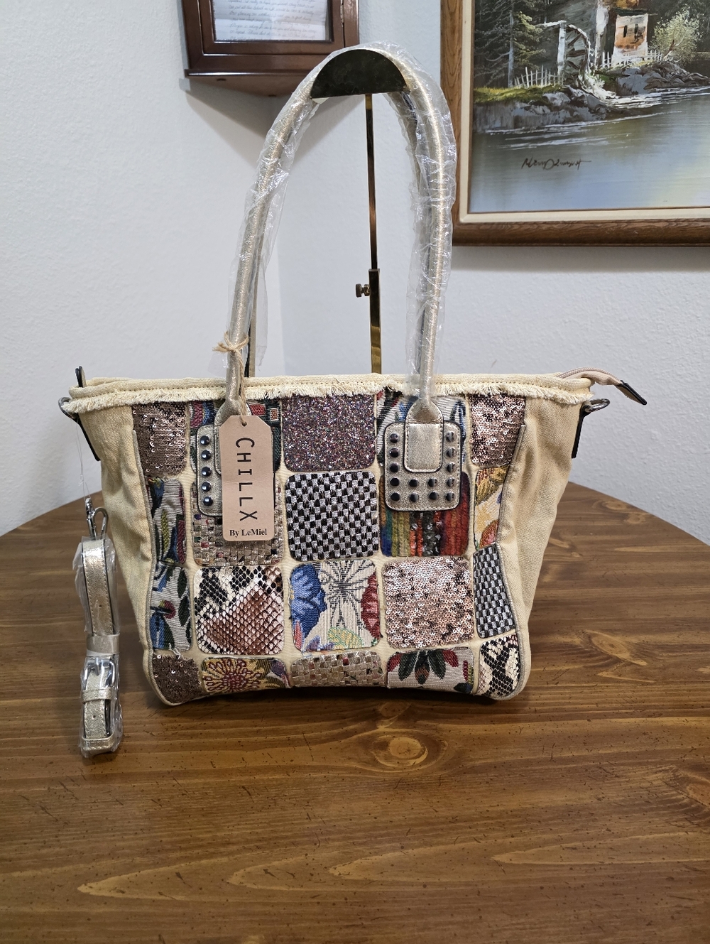 Chillx  Patchwork Tote Bag in Beige and Multi Color,and Metallic Accents